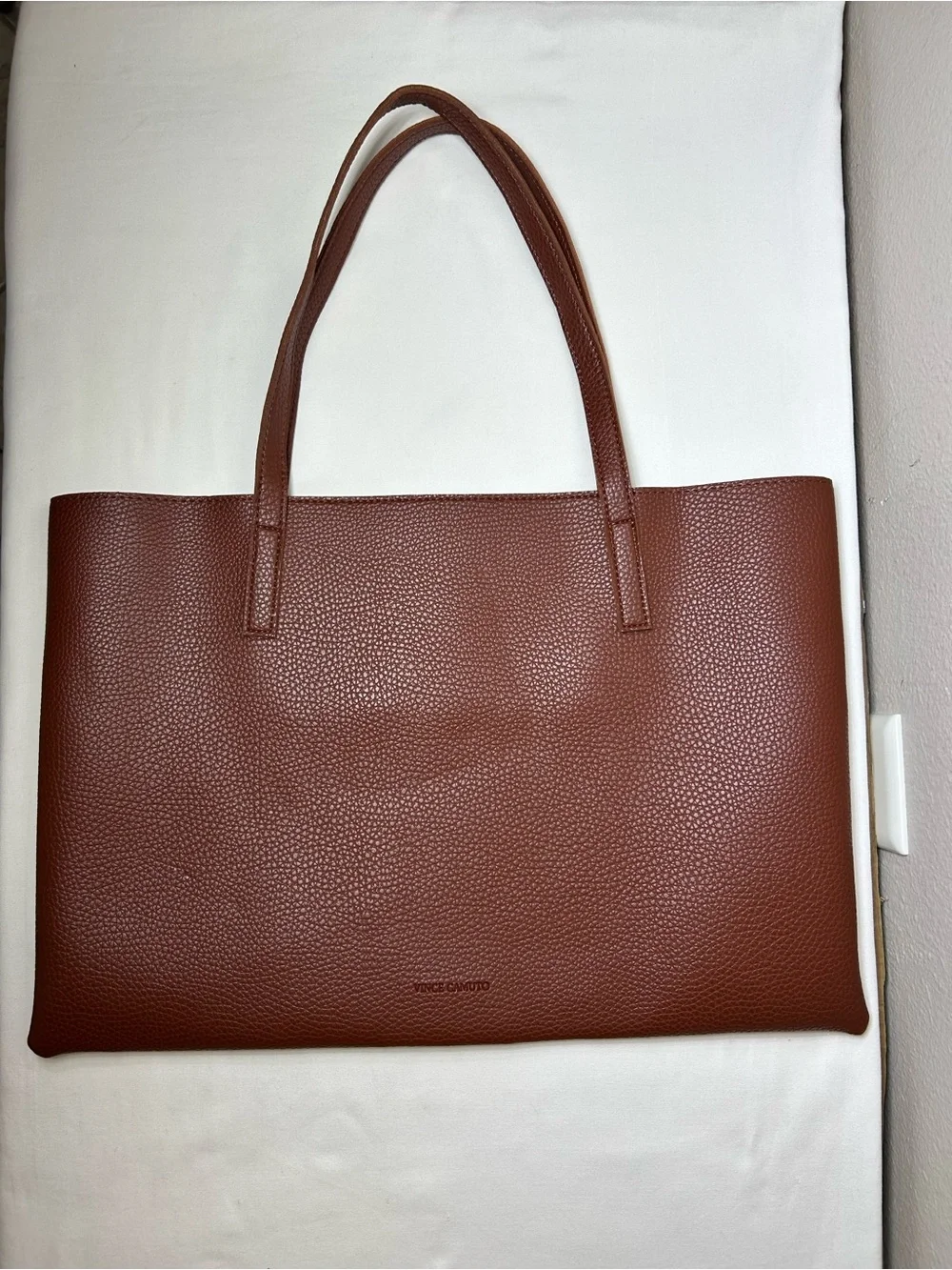 Vince Camuto Faux Pebble leather Brown Black Laptop Tote Bag Minimalist Work